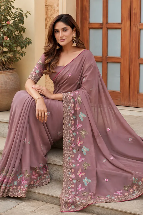 Taupe_Brown_Butterfly_Floral_Embroidered_Rangoli_Saree_With_Heavy_Panel_Work_Unstitched_Blouse
