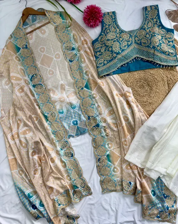 Elegant_Teal_Blue_Indowestern_Three_Piece_Dhoti_Set_With_Bandhani_Print_Shr