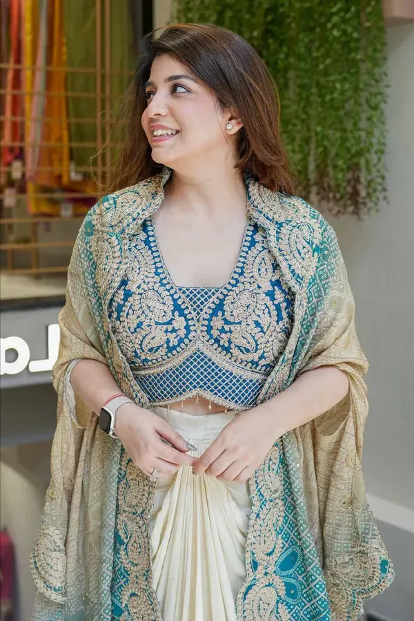 Elegant_Teal_Blue_Indowestern_Three_Piece_Dhoti_Set_With_Bandhani_Print_Shr