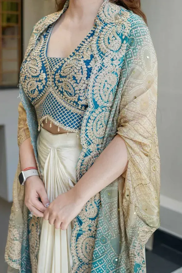 Elegant_Teal_Blue_Indowestern_Three_Piece_Dhoti_Set_With_Bandhani_Print_Shr