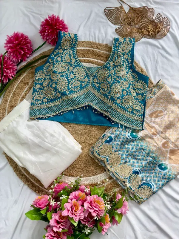 Elegant_Teal_Blue_Indowestern_Three_Piece_Dhoti_Set_With_Bandhani_Print_Shr