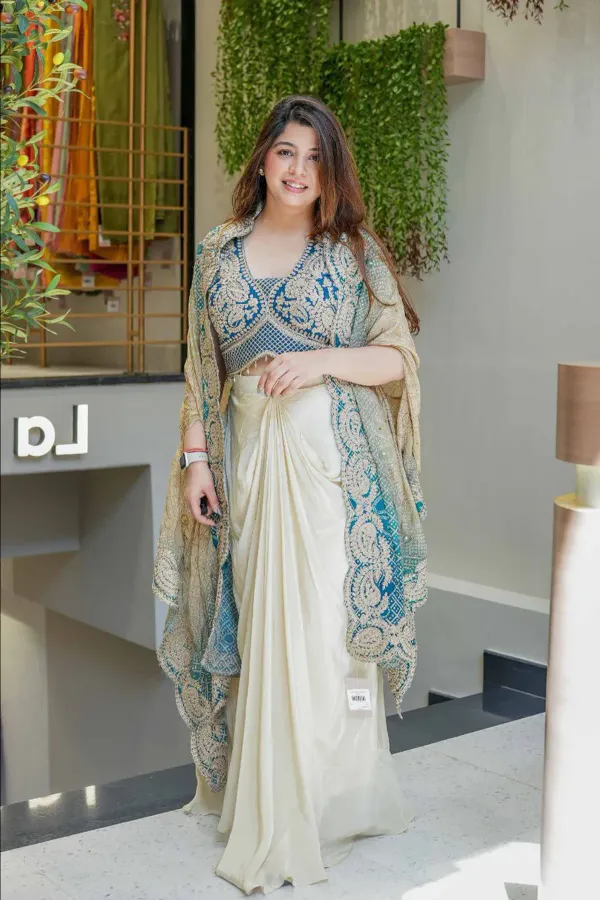 Elegant_Teal_Blue_Indowestern_Three_Piece_Dhoti_Set_With_Bandhani_Print_Shr
