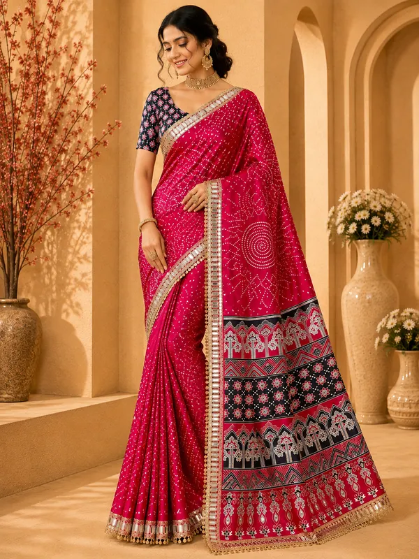 Fuchsia_Pink_Bandhani_Print_Satin_Silk_Saree_With_Mirror_Work_Embellished_Border_And_Printed_Unstitched_Blouse