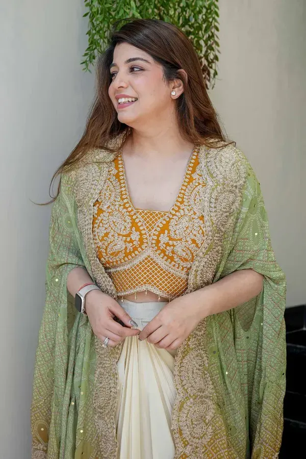 Elegant_Mustard_Yellow_Indo_Western_Three_Piece_Dhoti_Set_With_Bandhani_Pri