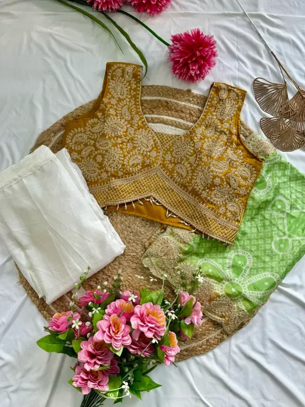 Elegant_Mustard_Yellow_Indo_Western_Three_Piece_Dhoti_Set_With_Bandhani_Pri