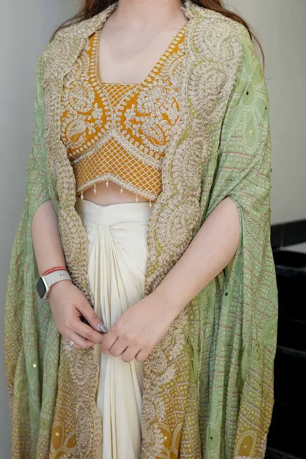Elegant_Mustard_Yellow_Indo_Western_Three_Piece_Dhoti_Set_With_Bandhani_Pri