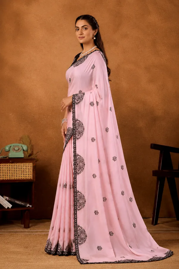 Blush_Pink_Mandala_Art_Rangoli_Saree_With_Scallop_Border_Contrast_Unstitched_Blouse