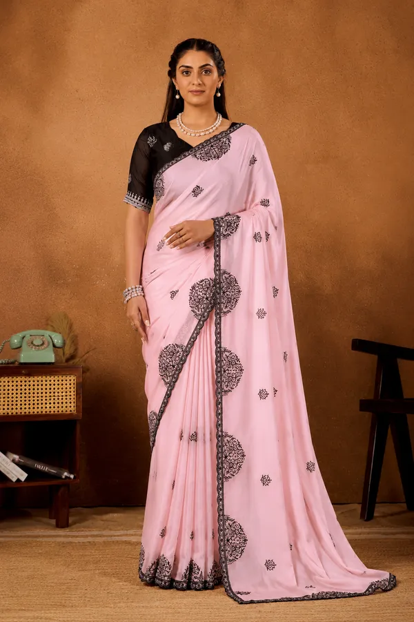 Blush_Pink_Mandala_Art_Rangoli_Saree_With_Scallop_Border_Contrast_Unstitched_Blouse