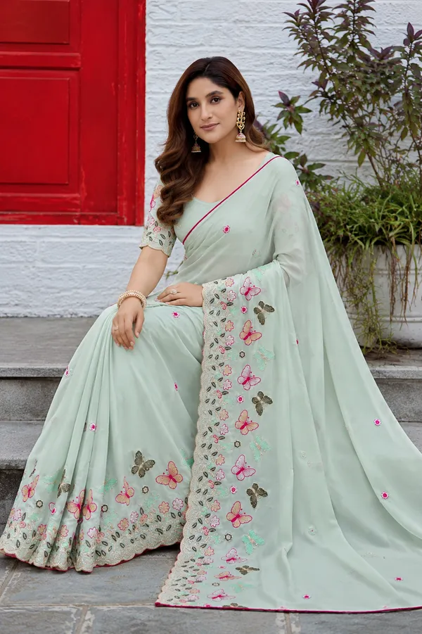 Mint_Green_Butterfly_Floral_Embroidered_Rangoli_Saree_With_Heavy_Panel_Work_Unstitched_Blouse