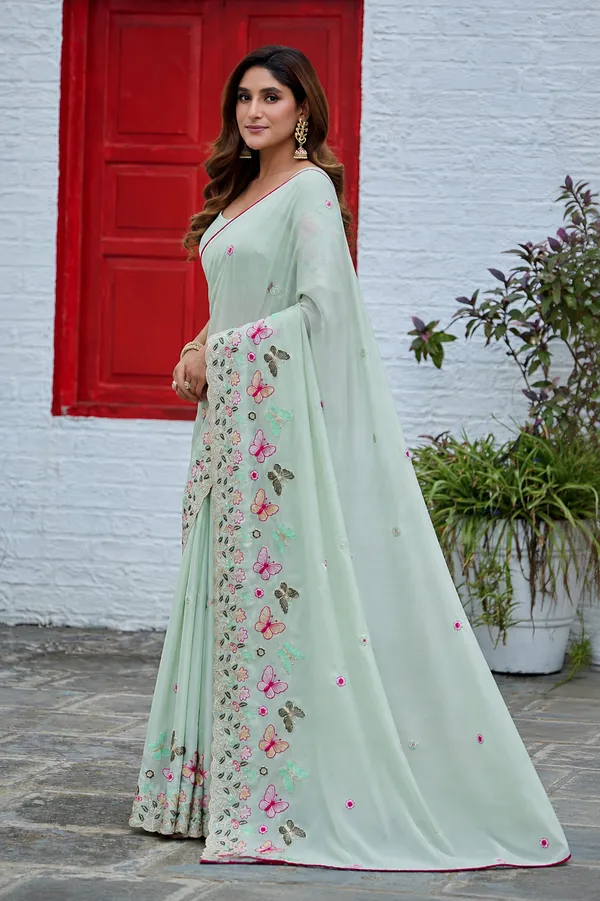 Mint_Green_Butterfly_Floral_Embroidered_Rangoli_Saree_With_Heavy_Panel_Work_Unstitched_Blouse