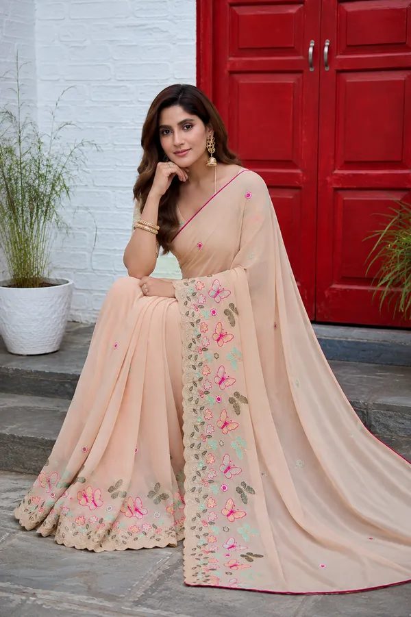 Cream_Butterfly_Floral_Embroidered_Rangoli_Saree_With_Heavy_Panel_Work_Unstitched_Blouse
