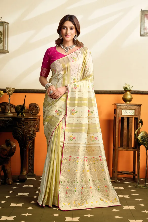 Ivory_Floral_Minakari_Chinya_Tissue_Viscose_Crepe_Silk_Saree_With_Rich_Pallu_Unstitched_Contrast_Blouse