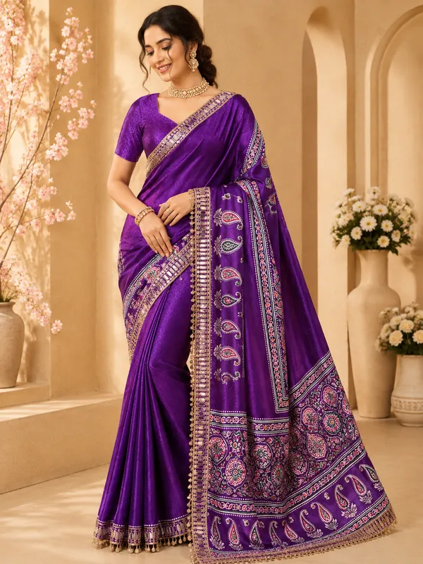 Purple_Ajrak_Print_Pure_Soft_Crepe_Silk_Saree_With_Mirror_Work_Embellished_Pallu_And_Unstitched_Blouse