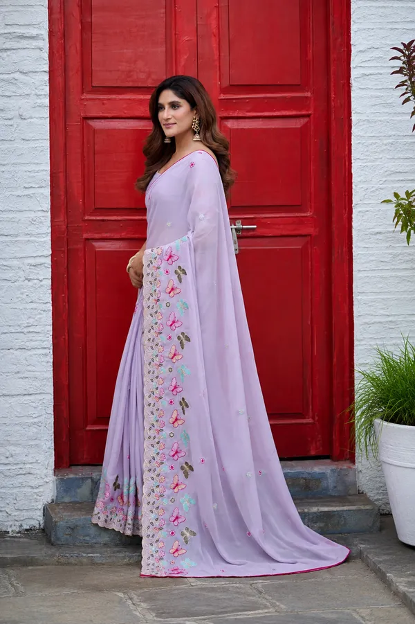 Lavender_Butterfly_Floral_Embroidered_Rangoli_Saree_With_Heavy_Panel_Work_Unstitched_Blouse