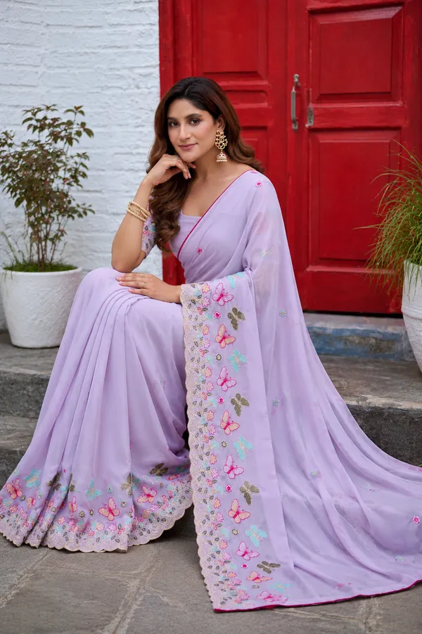 Lavender_Butterfly_Floral_Embroidered_Rangoli_Saree_With_Heavy_Panel_Work_Unstitched_Blouse