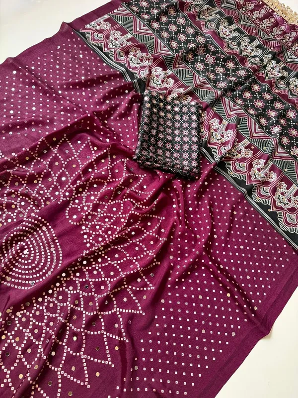 Maroon_Bandhani_Print_Crepe_Silk_Saree_With_Ajrakh_Print_Pallu_And_Mirror_Embellished_Border_Unstitched_Blouse