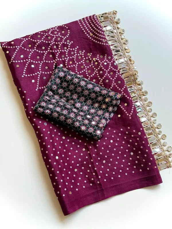 Maroon_Bandhani_Print_Crepe_Silk_Saree_With_Ajrakh_Print_Pallu_And_Mirror_Embellished_Border_Unstitched_Blouse