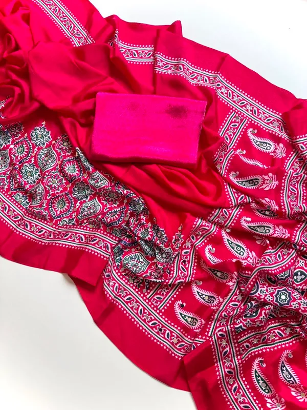 Hot_Pink_Ajrak_Print_Pure_Soft_Crepe_Silk_Saree_With_Printed_Pallu_Mirror_Lace_And_Unstitched_Blouse
