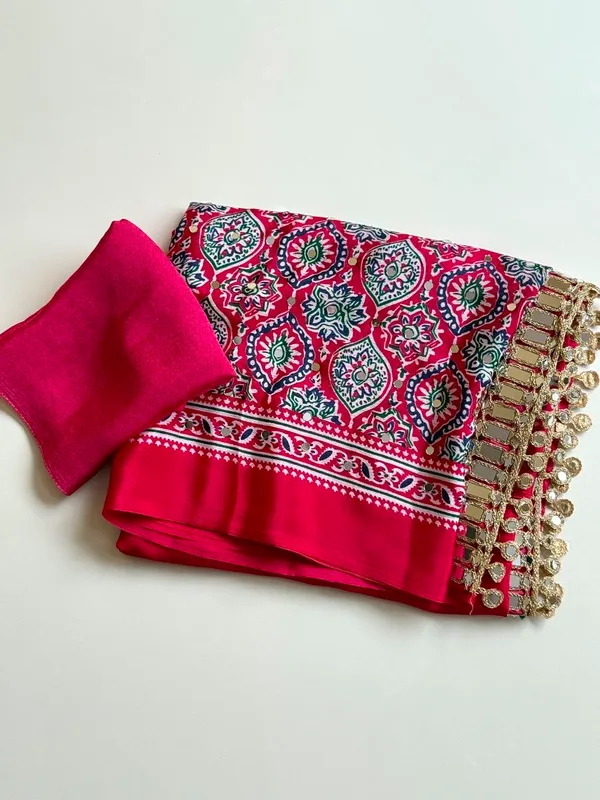 Hot_Pink_Ajrak_Print_Pure_Soft_Crepe_Silk_Saree_With_Printed_Pallu_Mirror_Lace_And_Unstitched_Blouse
