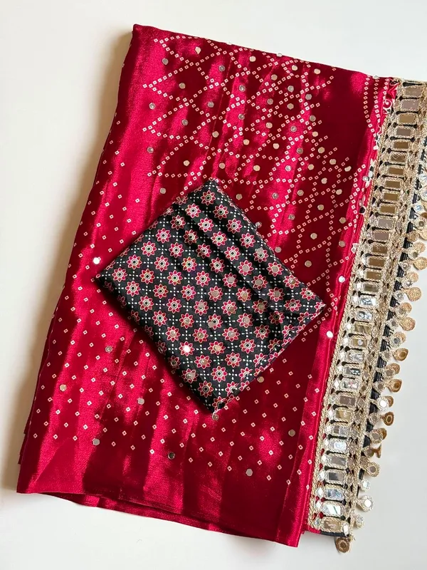 Fuchsia_Pink_Bandhani_Print_Satin_Silk_Saree_With_Mirror_Work_Embellished_Border_And_Printed_Unstitched_Blouse