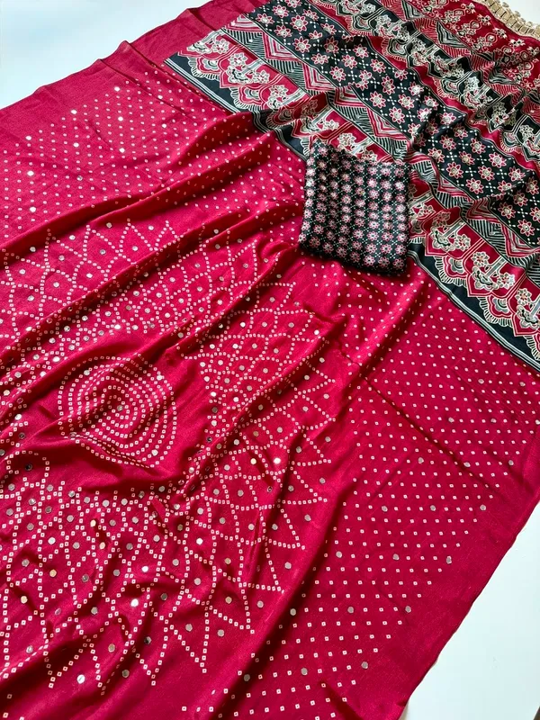 Fuchsia_Pink_Bandhani_Print_Satin_Silk_Saree_With_Mirror_Work_Embellished_Border_And_Printed_Unstitched_Blouse