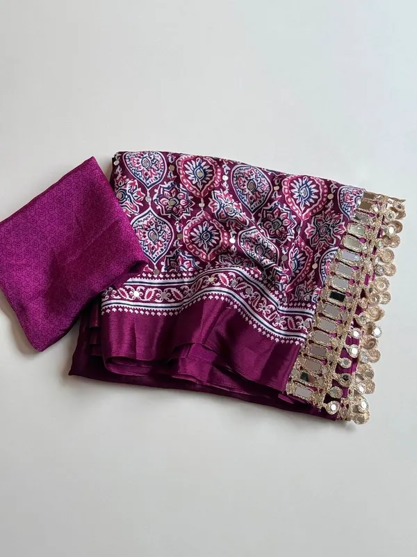 Plum_Ajrak_Print_Pure_Soft_Crepe_Silk_Saree_With_Mirror_Work_Embellished_Pallu_And_Unstitched_Blouse
