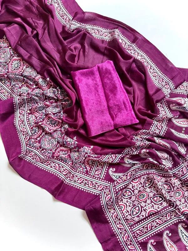 Plum_Ajrak_Print_Pure_Soft_Crepe_Silk_Saree_With_Mirror_Work_Embellished_Pallu_And_Unstitched_Blouse