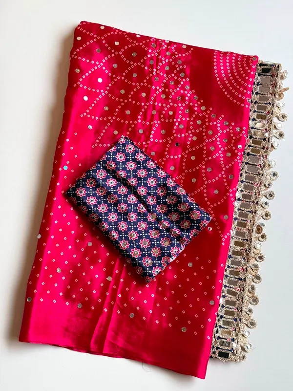 Hot_Pink_Bandhani_Print_Satin_Silk_Saree_With_Mirror_Work_Embellished_Border_And_Printed_Unstitched_Blouse