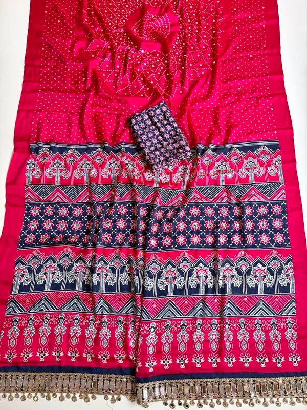Hot_Pink_Bandhani_Print_Satin_Silk_Saree_With_Mirror_Work_Embellished_Border_And_Printed_Unstitched_Blouse