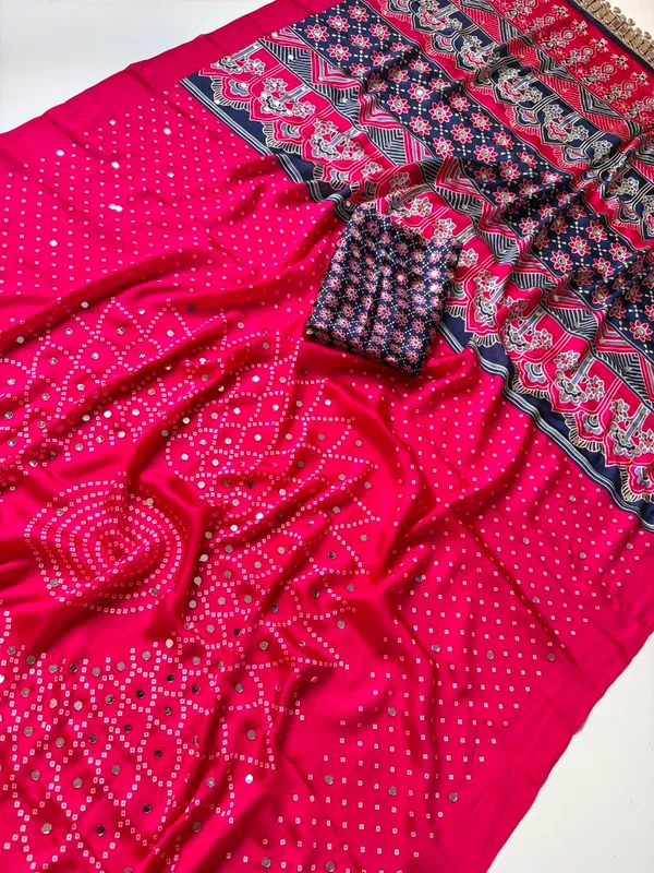 Hot_Pink_Bandhani_Print_Satin_Silk_Saree_With_Mirror_Work_Embellished_Border_And_Printed_Unstitched_Blouse