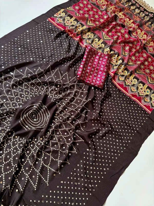 Black_Chakra_Bandhani_Print_Crepe_Silk_Saree_With_Ajrakh_Print_Pallu_Mirror_Work_Unstitched_Blouse