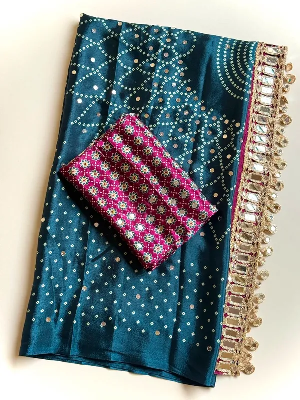 Teal_Blue_Bandhani_Print_Crepe_Silk_Saree_With_Ajrakh_Print_Pallu_Mirror_Work_Unstitched_Blouse
