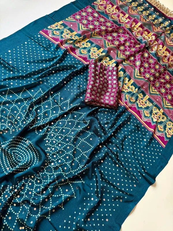 Teal_Blue_Bandhani_Print_Crepe_Silk_Saree_With_Ajrakh_Print_Pallu_Mirror_Work_Unstitched_Blouse