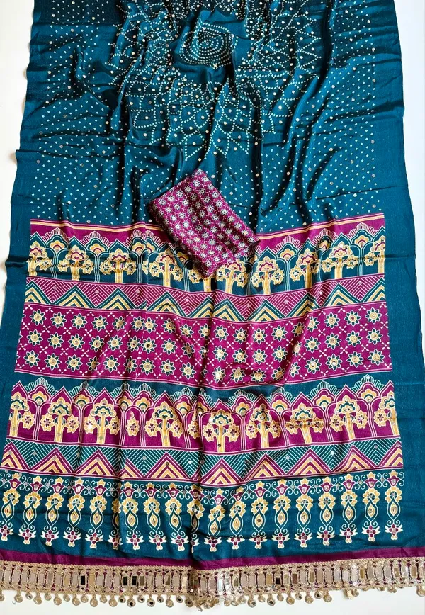 Teal_Blue_Bandhani_Print_Crepe_Silk_Saree_With_Ajrakh_Print_Pallu_Mirror_Work_Unstitched_Blouse