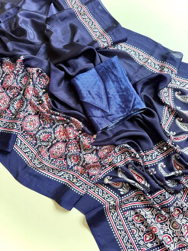Navy_Blue_Ajrak_Print_Pure_Soft_Crepe_Silk_Saree_With_Mirror_Work_Embellished_Pallu_And_Unstitched_Blouse