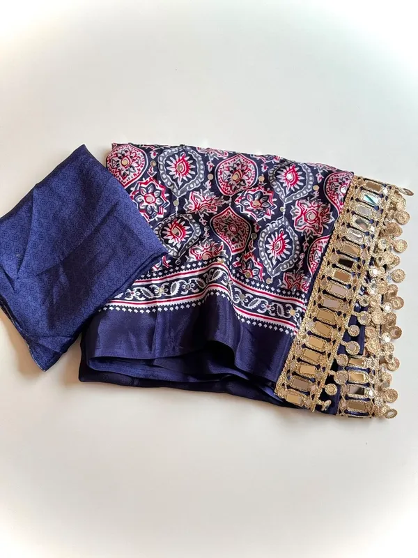 Navy_Blue_Ajrak_Print_Pure_Soft_Crepe_Silk_Saree_With_Mirror_Work_Embellished_Pallu_And_Unstitched_Blouse