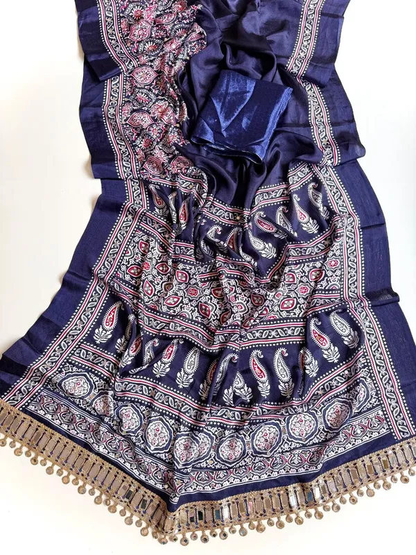 Navy_Blue_Ajrak_Print_Pure_Soft_Crepe_Silk_Saree_With_Mirror_Work_Embellished_Pallu_And_Unstitched_Blouse