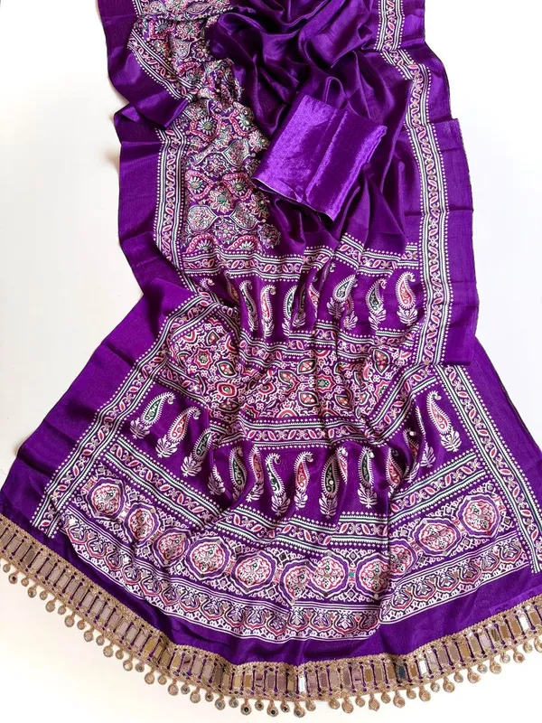 Purple_Ajrak_Print_Pure_Soft_Crepe_Silk_Saree_With_Mirror_Work_Embellished_Pallu_And_Unstitched_Blouse