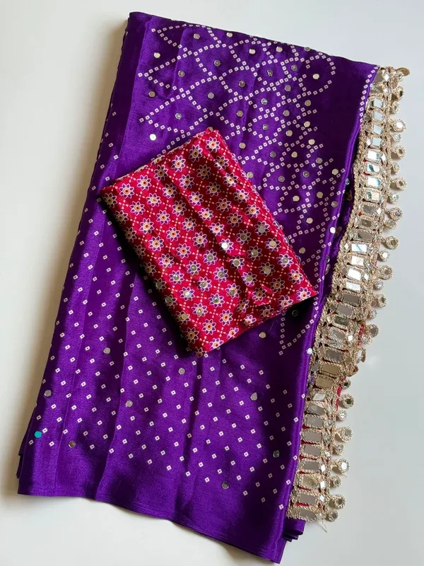 Purple_Bandhani_Print_Crepe_Silk_Saree_With_Ajrakh_Print_Pallu_Mirror_Work_Unstitched_Blouse