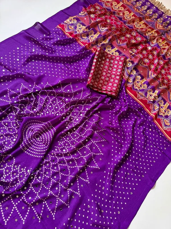 Purple_Bandhani_Print_Crepe_Silk_Saree_With_Ajrakh_Print_Pallu_Mirror_Work_Unstitched_Blouse