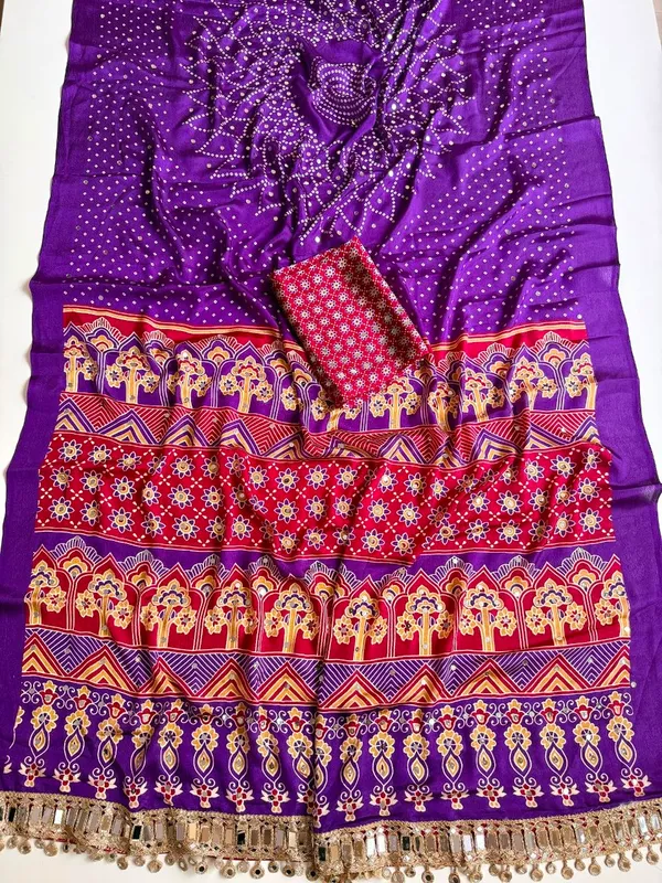 Purple_Bandhani_Print_Crepe_Silk_Saree_With_Ajrakh_Print_Pallu_Mirror_Work_Unstitched_Blouse