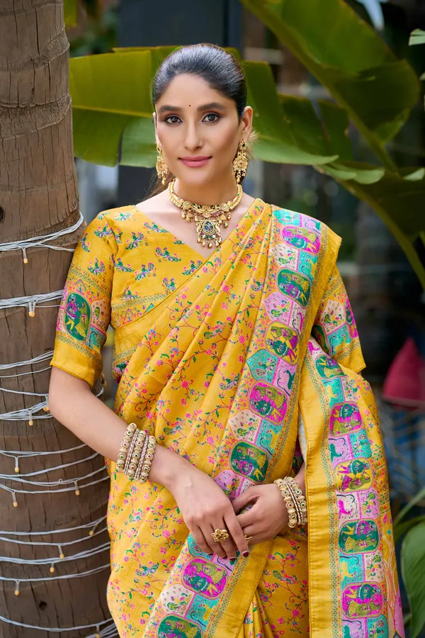 Mustard_Yellow_Pure_Softy_Silk_Jacquard_Woven_Digital_Heritage_Print_Saree_With_Running_Unstitched_Blouse