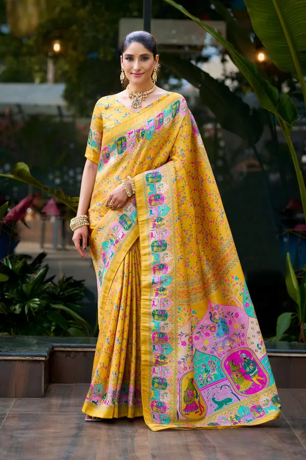 Mustard_Yellow_Pure_Softy_Silk_Jacquard_Woven_Digital_Heritage_Print_Saree_With_Running_Unstitched_Blouse