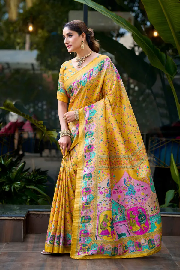 Mustard_Yellow_Pure_Softy_Silk_Jacquard_Woven_Digital_Heritage_Print_Saree_With_Running_Unstitched_Blouse