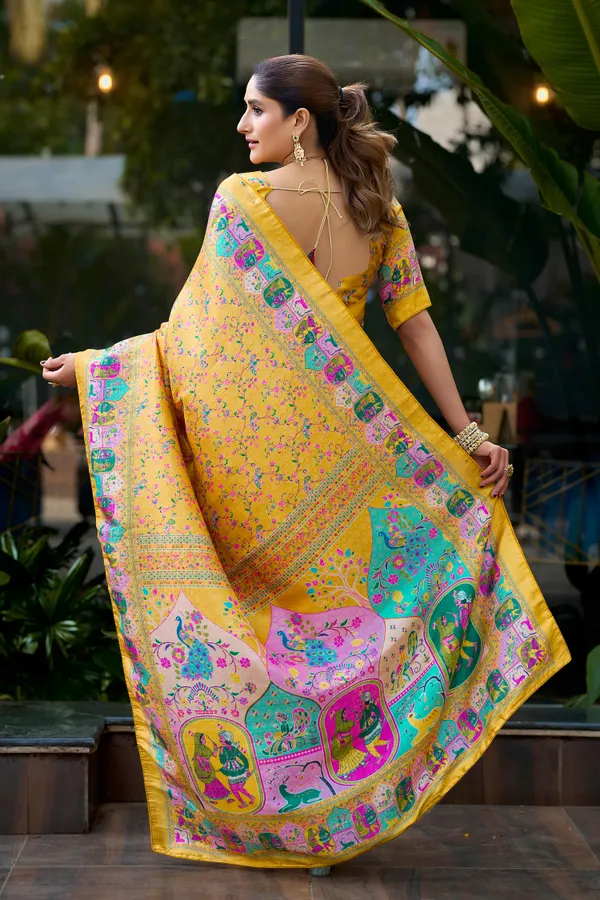 Mustard_Yellow_Pure_Softy_Silk_Jacquard_Woven_Digital_Heritage_Print_Saree_With_Running_Unstitched_Blouse