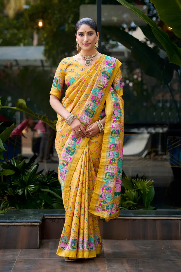 Mustard_Yellow_Pure_Softy_Silk_Jacquard_Woven_Digital_Heritage_Print_Saree_With_Running_Unstitched_Blouse