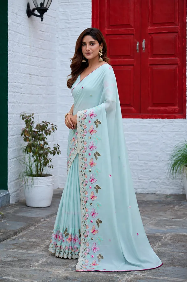 Ice_Blue_Butterfly_Floral_Embroidered_Rangoli_Saree_With_Heavy_Panel_Work_Unstitched_Blouse