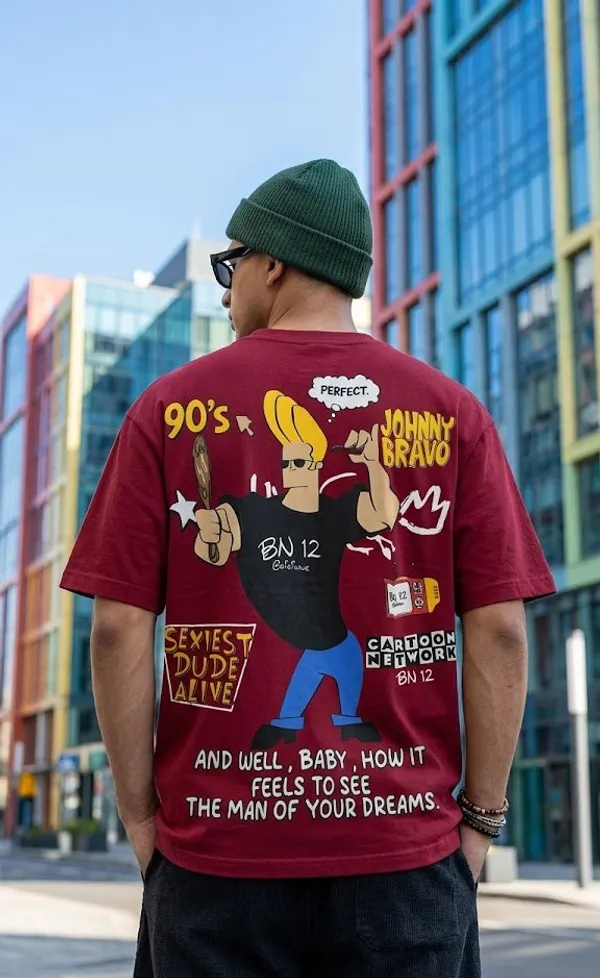 Johnny_Bravo_Graphic_Print_Maroon_T-Shirt