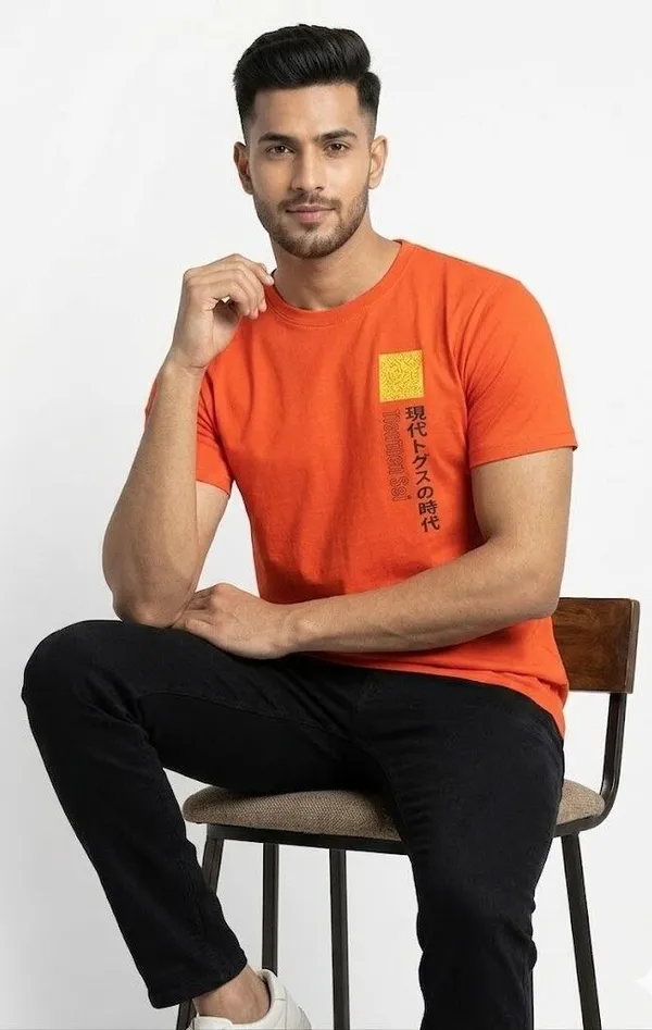 Typography,_Geometric_Print,_Printed_Men_Round_Neck_Orange_T-Shirt