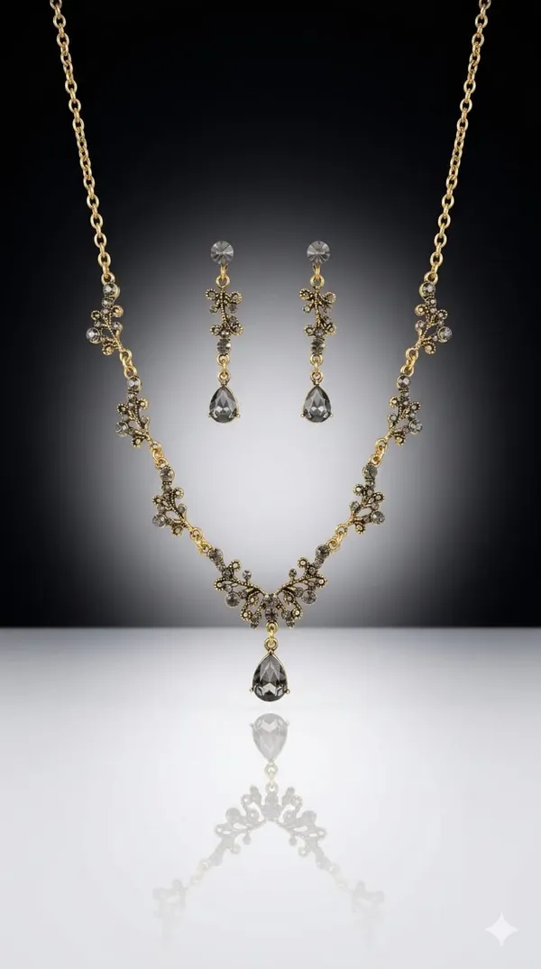 Black_Gold_Metal_Floral_Teardrop_Necklace_Set_For_Women